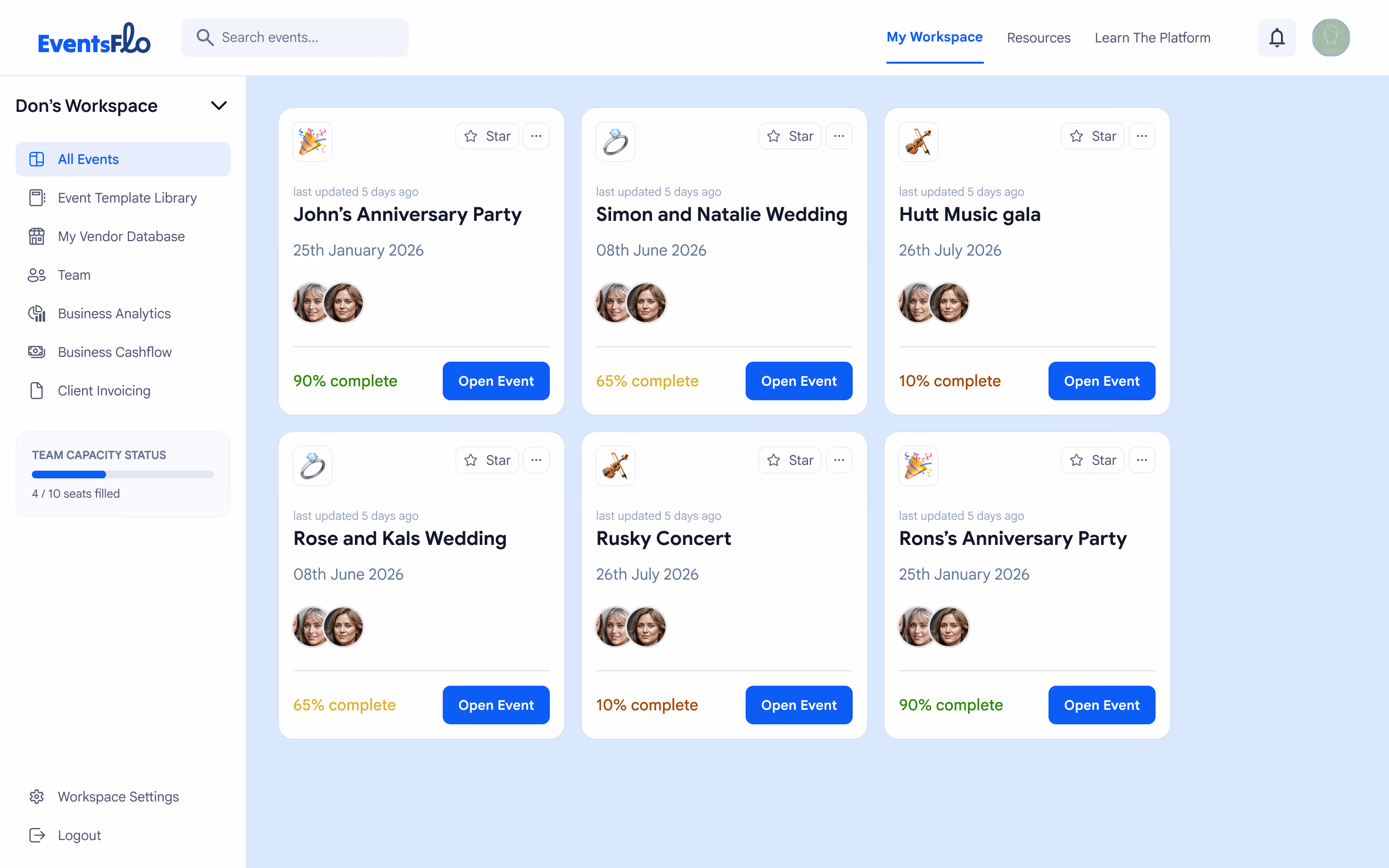 Dashboard UI of the Eventsflo platform